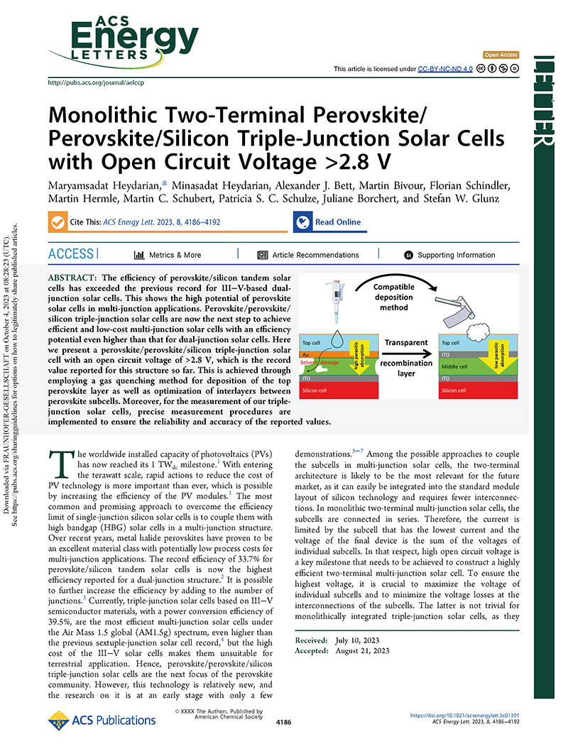 Monolithic Two-Terminal Perovskite/Perovskite/Silicon Triple-Junction Solar Cells with Open Circuit Voltage >2.8 V